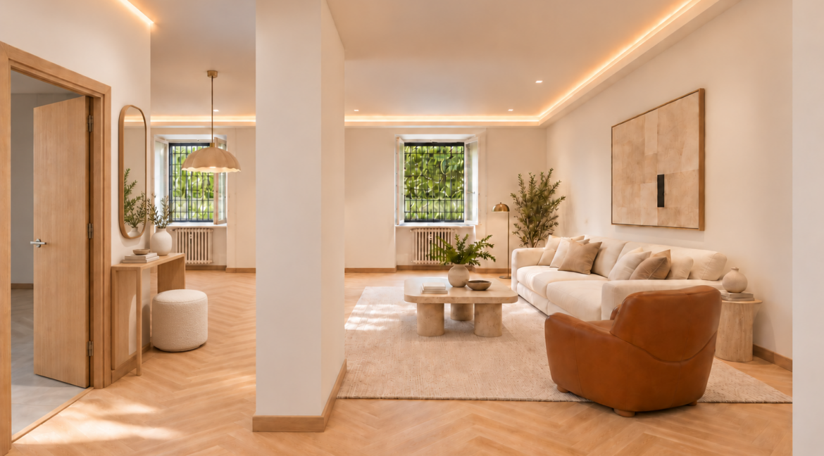 Angolo d’ingresso con consolle, specchio e pouf