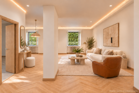 Angolo d’ingresso con consolle, specchio e pouf