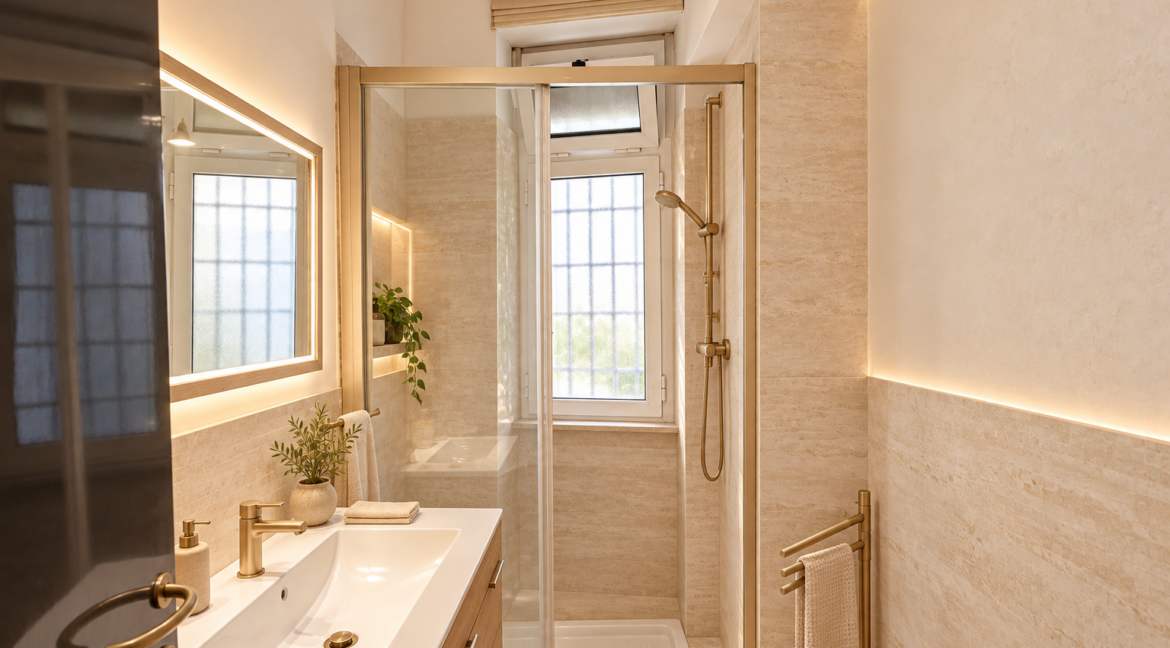 Bagno in travertino e rovere-