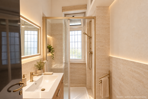 Bagno in travertino e rovere-