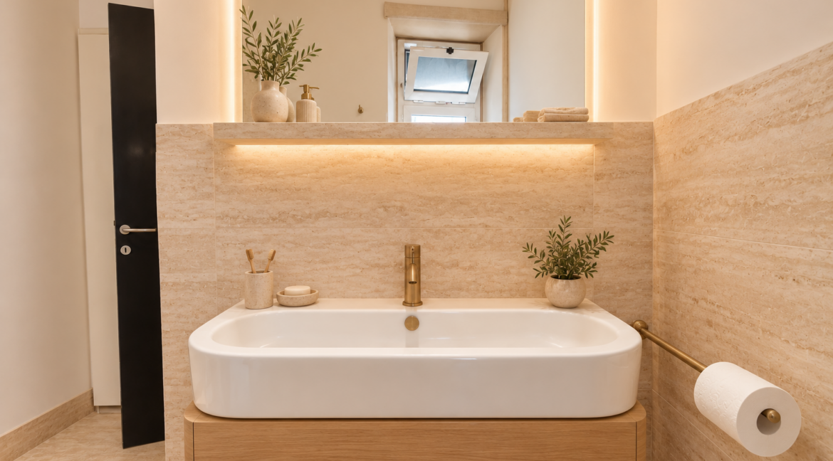 Bagno in travertino e rovere