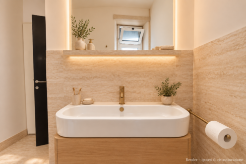 Bagno in travertino e rovere