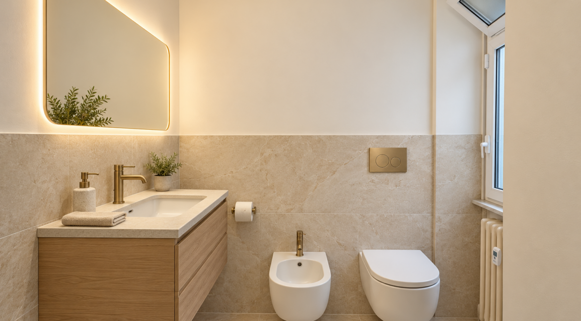 Bagno rinnovato in pietra chiara e rovere